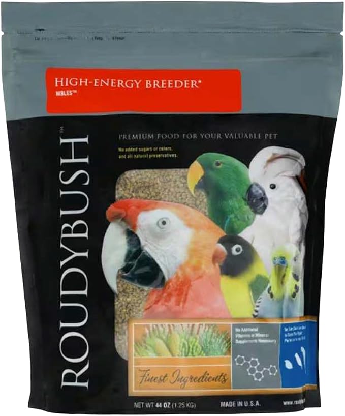 RoudyBush High Energy Breeder Food for Breeding & Weaning Birds - Scientifically Formulated Bird Feed - Bird Food Pellets w/Corn, Wheat, Soy - Nutritious & Healthy Feed for Birds (Nibles, 44oz)