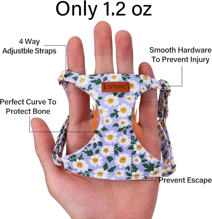 CHEDE No Pull Floral Pattern Dog Harness- Lightweight and Soft Harness, Adjustable Small Dog Harness and Leash Set, with Dog Leash, Suitable for Puppy Small and Medium-Sized Dog (XS, Purple Daisy)