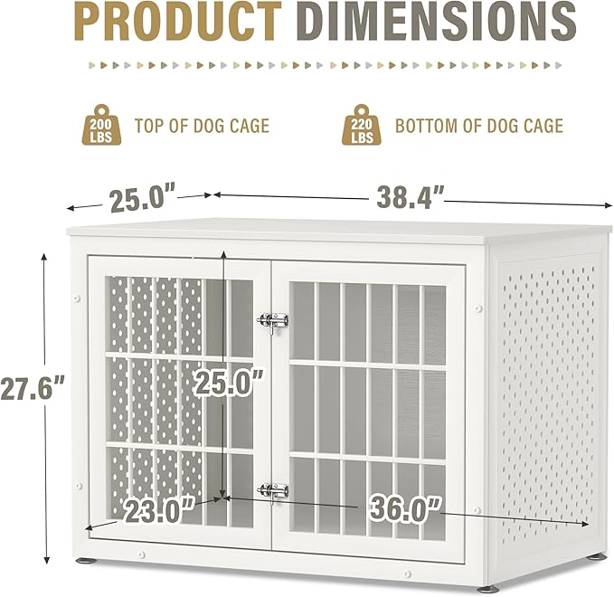 rehomerance 38" Heavy Duty Dog Crate Furniture for Large and Medium Dogs,Wooden Metal Kennel for High Anxiety Dogs, Chew Proof Pet Cage Indoor, Decorative Dog Kennel End Table, White