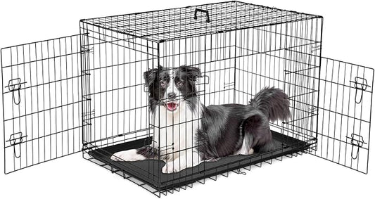 Sweetcrispy Dog Crate, 42 Inch Double Door Folding Metal Wire Dog Cage with Plastic Leak-Proof Pan Tray, Large XL Pet Kennel for Indoor, Outdoor, Travel
