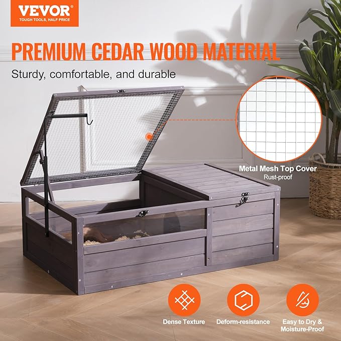 VEVOR Tortoise Habitat, Cedar Wooden Tortoise House Indoor & Outdoor, Tortoise Enclosure with Adjustable Lamp Holder, 2-Room Reptile Enclosure Small Animal Cage for Gecko, Lizard, Snake 38x24x13 inch