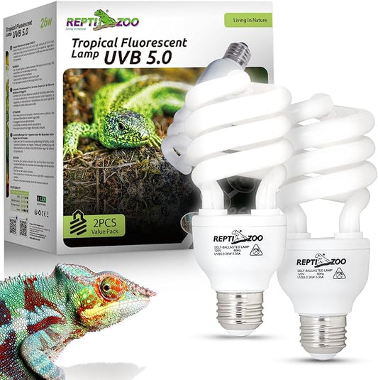 REPTI ZOO UVB Light for Tropical Reptile, 2 Pack 5.0 26W UVA UVB Reptile Light Bulb, UVB Lamp for Crested Gecko Leopard Gecko Frog Toad Snake Chameleon