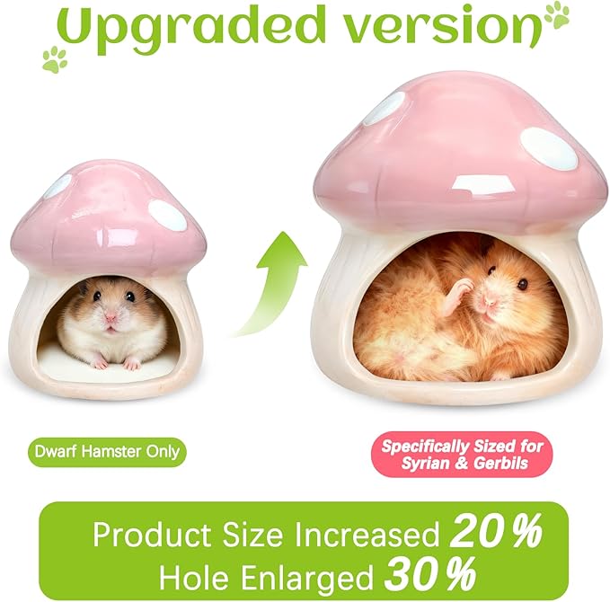 BNOSDM Ceramic Hamster Hideout and Food Bowl Set Cute Mushroom Shape Hamster House and Habitat Cool Hamsters Hide Suitable for Syrian, Mice, Dwarf Hamsters, Gerbils (Pink)