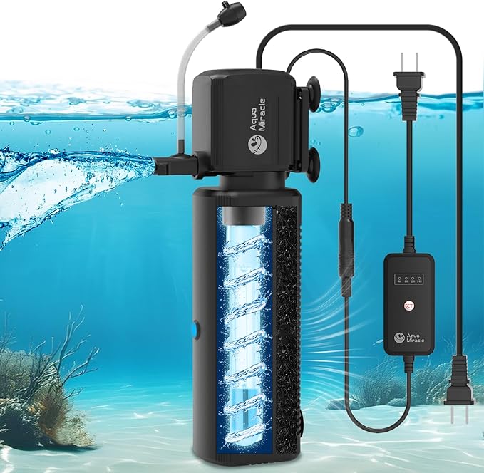 AquaMiracle Aquarium Filter with U - V Light & Filter Sponge, Fish Tank Filter with Timer for Green Water, Turtle Filter with Aeration & Rainfall Mode for Aquarium 60-150 Gallon