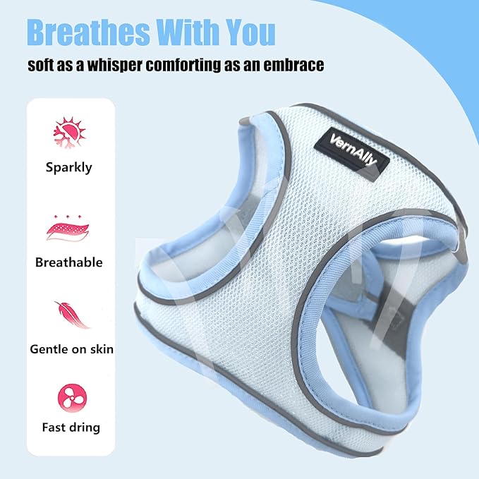 Sparkly Dog Harness Small Sized and Leash Set for Small Dogs Cats,Blue S Puppy Harness, Step in Soft Dog Reflective Vest, Breathable Mesh Pet Harness. (Blue, S)