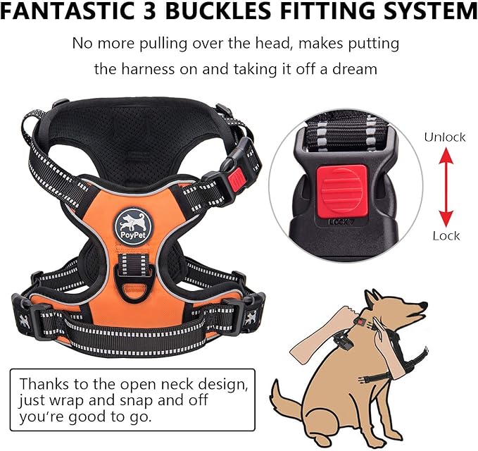 PoyPet Dog Harness No Pull, Reflective Adjustable No Choke Pet Vest with Front & Back Clips, Soft Padded and Control Training Handle for Large Dogs (Orange, XL)
