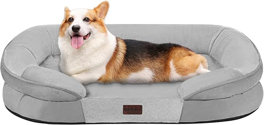 Dwanton Orthopedic Dog Bed for Medium Dogs with Gel Memory Foam, Waterproof Dog Sofa, Washable Pet Bed with Four Sided Bolster Cushion, Removable Cover & Non-Slip Bottom, 36", Light Gray