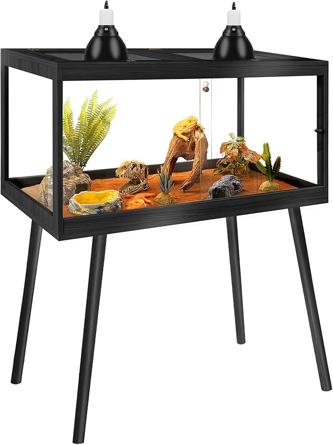 PROLEE Reptile Enclosure with Leg, 65 Gallons Bearded Dragon Tank, Tempered Glass Lizard Tank with Metal Mesh Tops and Lockable Door, Spacious Reptile Habitat for Snake,Lizard (Black)