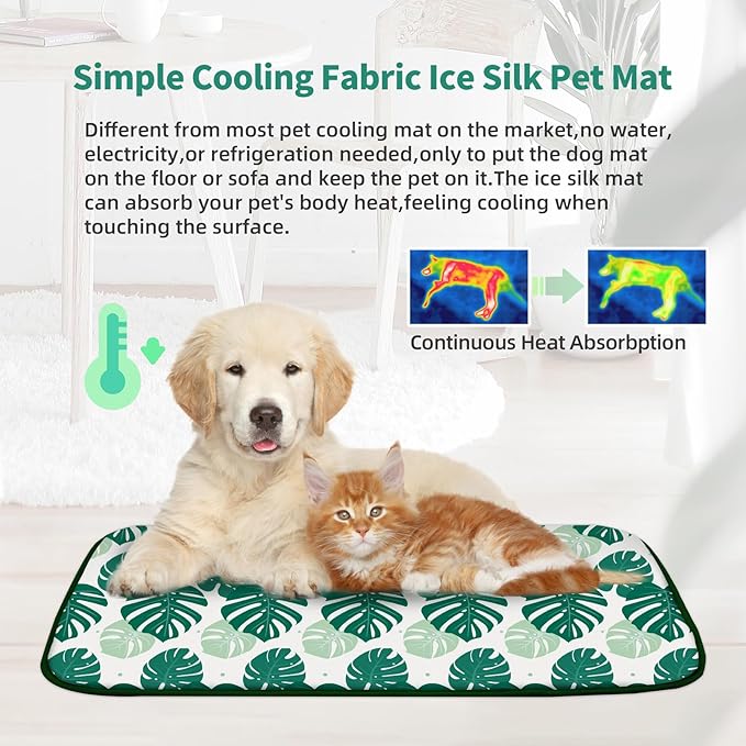 NWK Pack of 4 Pet Cooling Mat for Large Dogs -Q-Max>0.345 Ice Silk Cooling Mat for Dogs & Cats Portable & Washable Pet Cooling Blanket for Summer (4pcs, Green Leaf, 39'' X 27'' X 0.3'')