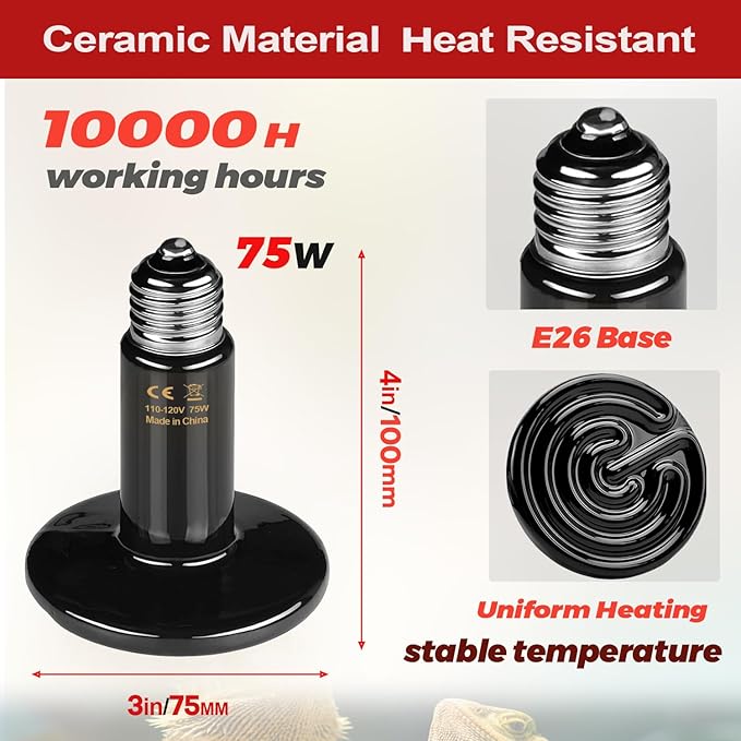 Ceramic Reptile Heat Lamp Bulbs 75w 2pack E26 Base Ceramic Heat Emitter for Reptiles 75w Reptile Heat emitter Bulb, Suitable for Amphibian Ceramice Heat Lamp Bulbs for Chicken Coop Heater