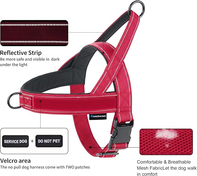Annchwool No Pull Dog Harness,Heavy Duty Reflective Collar & Leash Set-Leash with Double Handle & Car Seatbelt Clip-Easy Control for Walking Training Medium Large Size Dogs(Red,M)
