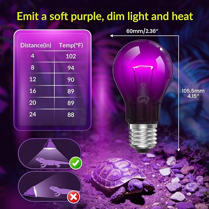 Lustaled Reptile Heat Lamp Bulbs-75W Reptile Night Heat Bulb E26 Terrarium Heat Lamp Simulate Natural Moon Purple Light for Snake Bearded Dragon Leopard Gecko Lizard Chameleon Tortoise -2Pack