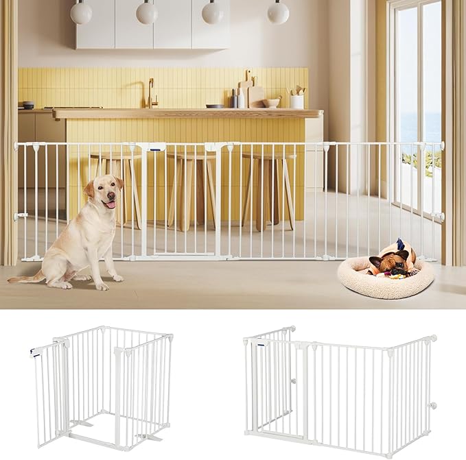 AGESISI Freestanding Dog Gates with Door Walk Through, Extra Wide Doggy Door 100" W x 29" H Pet Gate Safty 4 Panels Dog Fence for Stairs, Doorways, White