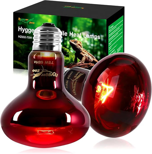 75W Infrared Heat Lamp Bulbs – 2-Pack Red IR Basking Light for Reptile & Amphibian, Silent Night-Time Heating, E26 Base, Bearded Dragon,Lizard,Turtle,Chicken