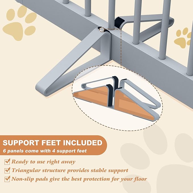 PUPETPO Freestanding Pet Gate for Dogs, Foldable Wooden Dog Gate for House, Extra Wide Indoor Pet Barrier for Stair, Doorway, Hall, Support Feet Included, 120 Inch Wide, 6 Panels 24", Grey