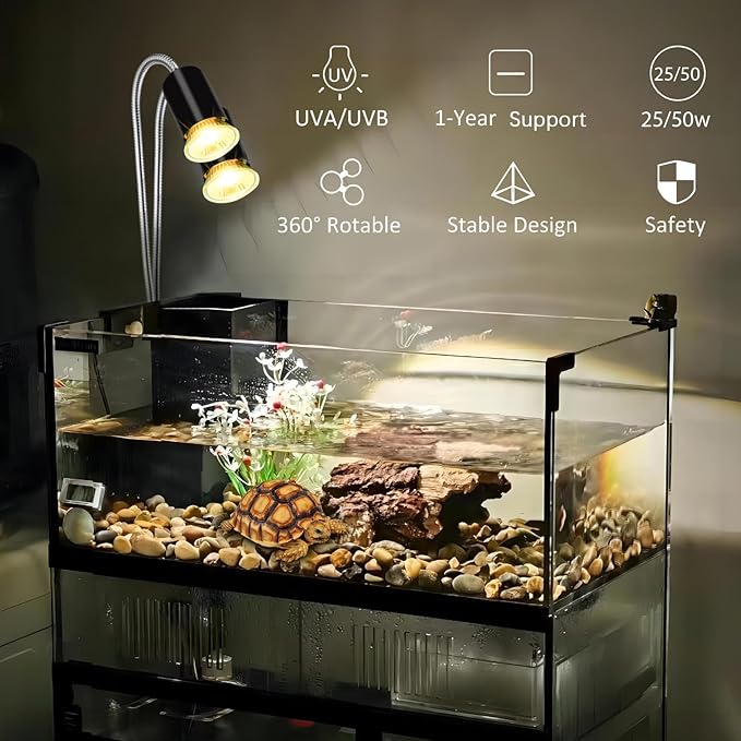 Turtle Heat Lamp for Reptile,UVA Light for Turtle,Bearded Dragon Basking Light Bulbs,Dimmable 360°Gooseneck Heating Lamp,with E26 Bulb (25W*2，50W*2)