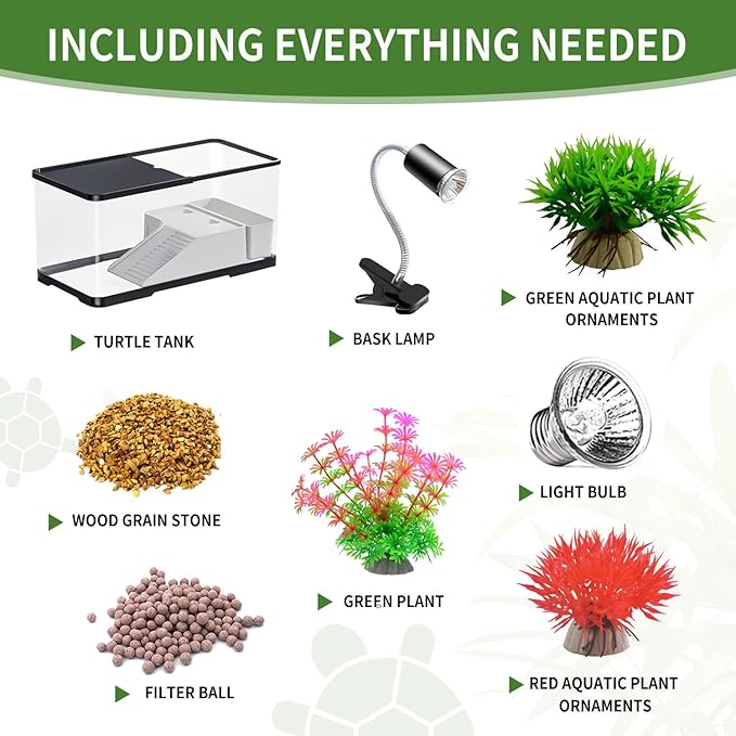 (Tank + Light + Filter Balls) Turtle Tank Kit, Turtle Tank Starter Kit,Bottom Drainage, Multi-Function Areas for Turtles, Crabs,Fishes, Amphibians,Reptiles (11.81 × 7.88 × 7.88 Inch)