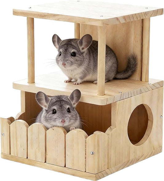 Chinchilla Hideout Wooden Hides for Guinea Pigs, Small Animal Nature Wood House Chinchilla Cage Accessories for Hamster, Squirrel, Sugar Gliders etc (2-Layer)