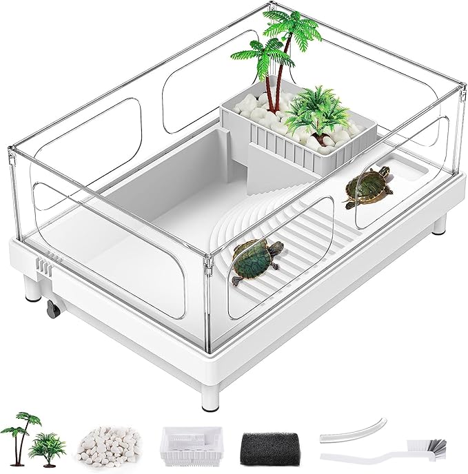 MoonOrange Small Turtle Tank, Acrylic Turtle Terrarium with Basking Platform, Bottom Drainage, Multi-Function Areas for Turtles, Crabs, Crayfish, Small Reptiles (White Tank)
