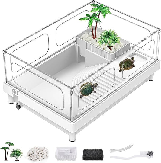 MoonOrange Small Turtle Tank, Acrylic Turtle Terrarium with Basking Platform, Bottom Drainage, Multi-Function Areas for Turtles, Crabs, Crayfish, Small Reptiles (White Tank)