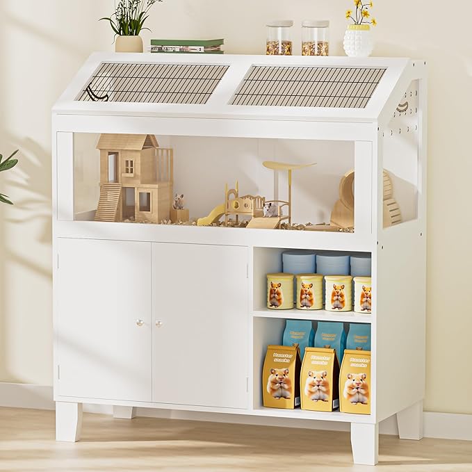 Hamster Cage with Storage Cabinet, Hamster Cage Large, Large Hamster Habitat with Easy View Acrylic Panels, Wooden Small Animal Cages for Guinea Pigs, Rabbits, Gerbils, Hedgehogs, White