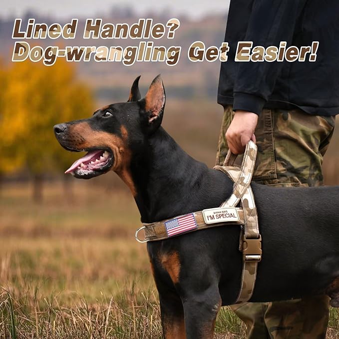 Forestpaw No Pull Dog Harness with Large Handle,Slip on Reflective Vest with Quick Release Buckle,Comfortable Flannel Lining for Medium Large Dogs Walking Training (Includes 3 Patches),Brown Camo L