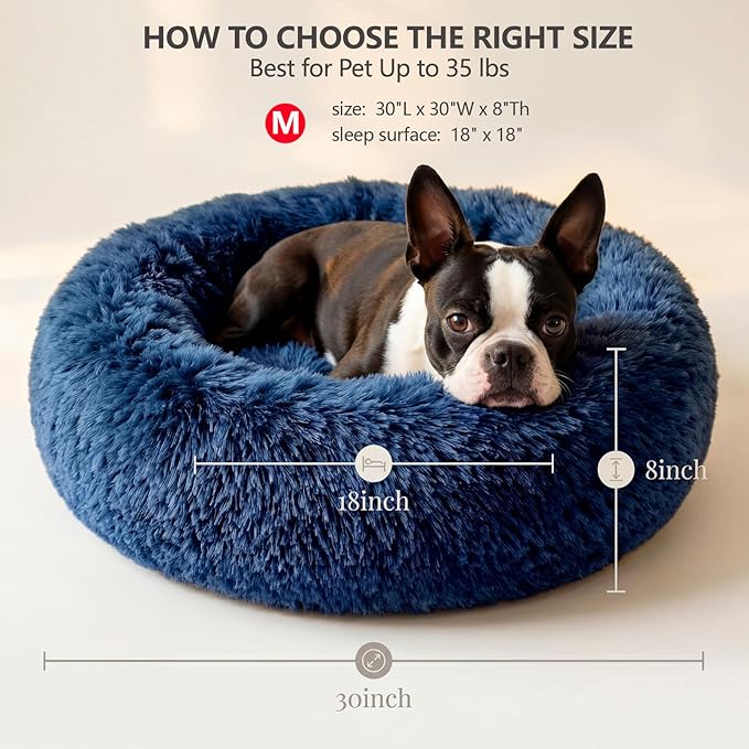 Calming Dog Bed for Medium Dogs Washable Donut 30 inches Anti-Slip Pet Bed,Round Fluffy Plush Faux Fur Cat Bed,Fits up to 45 lbs Pets,Navy Blue