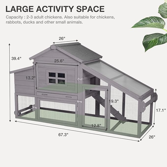 Wooden Chicken Coop with Run, Mobile Chicken House with Wheels, Outdoor Hen Poultry Cage with Leak-Proof Tray and Nesting Box, Lager Chicken Coops with UV-Resistant Roof for 2-3 Chickens (Grey)