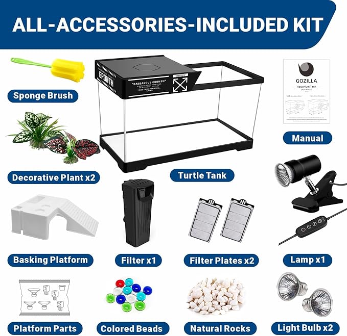 GOZILLA Turtle Tank+Lamp+Filter Kit, Upgrade PC Turtle Tank Starter Kit with Filter & Adjustable Lamp,Reptile Habitat Basking Platform with Lid for Small Reptiles.(19.68× 9.52× 9.44''/Large-Black-Kit)