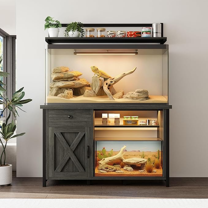 Reptile Tank Stand with Power Outlet, Terrarium Stand with Storage Cabinet, 49" X 20" Tabletop, Aquarium Stand with LED Lights, Reptile Terrarium,Turtle Tank (Gray)