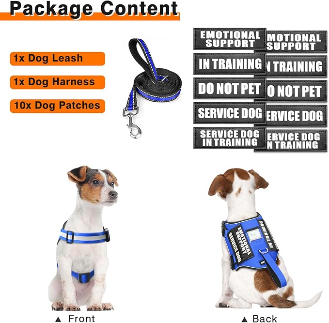 Service Dog Harness and Leash Set, Training Dog Vest with 10 Dog Patches, Emotional Support Therapy Dog Vest Harness for Small Medium Large and Extra Large Dogs(Blue, XL)