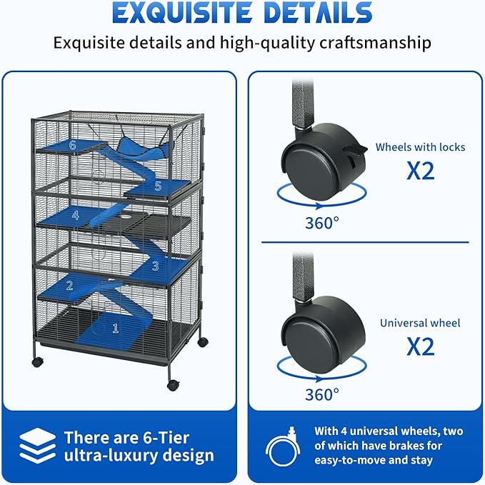 Metal Small Animal Cage 6-Tier Ferret Sugar Glider Cage for Chinchillas/Guinea Pig/Rabbit/Large Hamste Rolling Critter Nation Cage with Flannel ramps, Removable Tray,6 Doors Easy Clean
