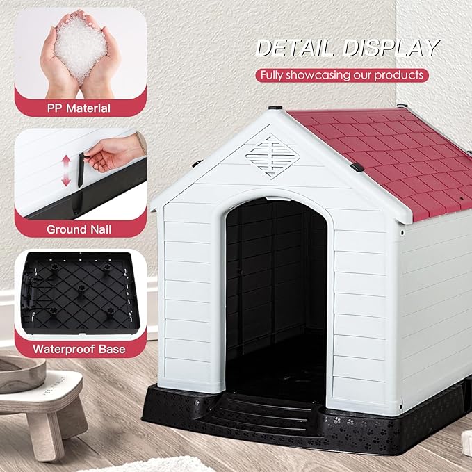 FDW Dog House Indoor Outdoor Durable Ventilate Waterproof Pet Plastic Dog House Puppy Shelter Kennel,Dark Red