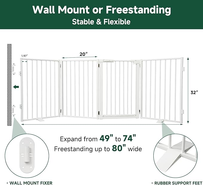 Snagle Paw Metal Freestanding Dog Gate with Door, 80” W x 32” H Dog Fence with Support Feet for Doorways, Stairs and Hallways, Portable Pet Gate for Indoor Use (4 Panel, White)