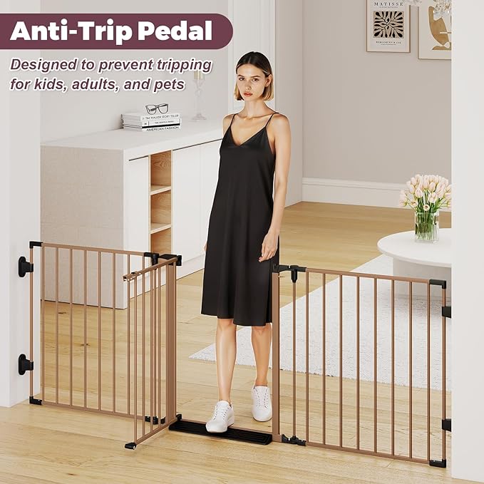 78" Extra Wide Baby Gate, Dog Gates Indoor for Doorways Stairs, Essential Safety Gate for Child, Hardware Mounted Adjustable Pet Gate with Anti-Trip Pedal, 28'' Tall 3 Metal Panels Brown
