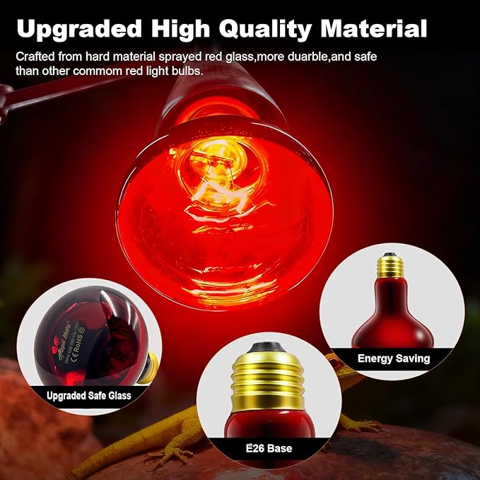 2 Pack Infrared Heat Lamp Bulbs, 100W Reptile Heat Emitter Infrared Basking Spot Light, Red Heat Lamp for Chickens Coop Reptile Pets Brooder Use