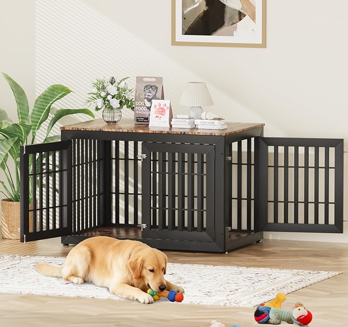 Snuowu 48" Heavy Duty Dog Crate Furniture for Small,Medium and Large Dogs,Rustic Wooden Dog Cage Kennel Indoor Furniture with Waterproof Top,Decorative Pet House Side End Table (Black & Wood)