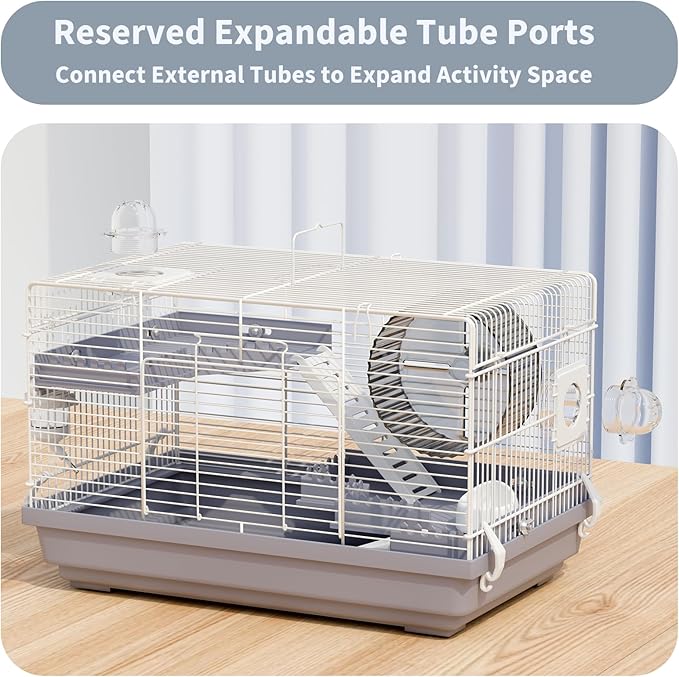 Small Hamster Cage Starter Kit 19”Lx12”Wx12”H for Dwarf Hamster & Robo Hamster with Multilevel Platforms, 2 Tube Ports, Exercise Wheel, Ladders, Water Bottle, Food Bowl, Gray