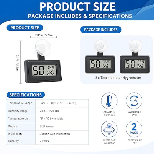 2 Pcs Suction Cup Reptile Thermometer Hygrometer, Fast-Read °F/°C Digital Temp&Humidity Gauge for Terrarium Tank Enclosure,for Gecko,Bearded Dragon,Snake,Tortoise,Hermit Crab,Jumping Spider (Black)