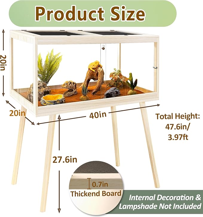 PROLEE Reptile Enclosure with Leg, 65 Gallons Bearded Dragon Tank, Tempered Glass Lizard Tank with Metal Mesh Tops and Lockable Door, Spacious Reptile Habitat for Snake,Lizard (Oak)