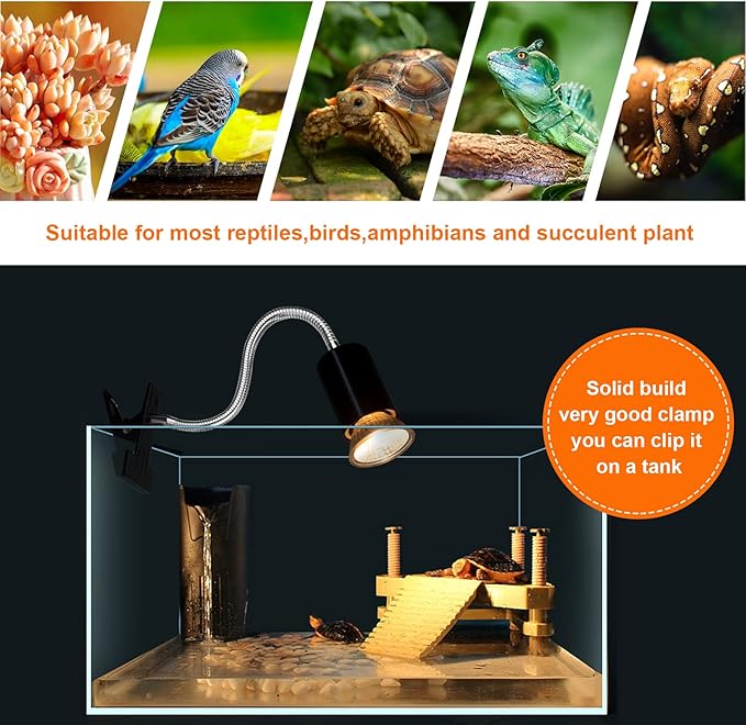 Reptile Heat Lamp, UVA UVB Reptile Light with 360° Rotatable Hose and Timed, Heating Lamp with 2 Bulbs Suitable for Bearded Dragon Reptiles Turtle Lizard Snake (Heat Lamp 25w/50w Bulb)