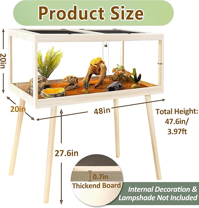 PROLEE Reptile Enclosure with Leg, 82 Gallons Bearded Dragon Tank, Tempered Glass Lizard Tank with Metal Mesh Tops and Lockable Door, Spacious Reptile Habitat for Snake,Lizard (Oak)