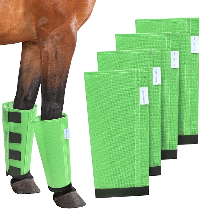Mesh Horse Fly Boots Set of 4, Loose Fitting Leggings for Horses, Reduce Stressful Stomping, Breathable Adjustable and Universal Fit for 4 Legs, Reliable Stay Put (Green)