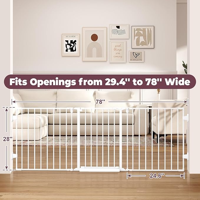 78" Extra Wide Baby Gate, Dog Gates Indoor for Doorways Stairs, Essential Safety Gate for Child, Hardware Mounted Adjustable Pet Gate with Anti-Trip Pedal, 28'' Tall 3 Metal Panels White