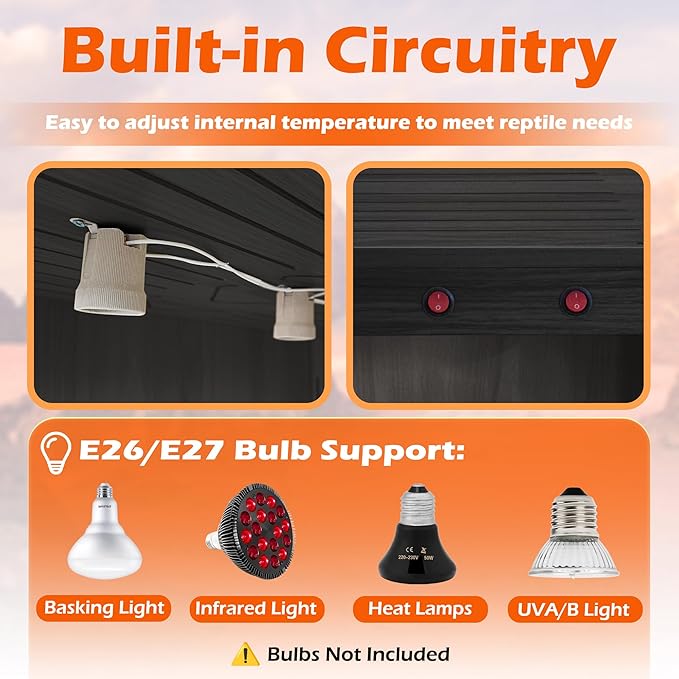 ROYXEN Reptile Tank, 30 Gallons Reptile Enclosure with Lockable Design, Tempered Glass Bearded Dragon Tank for Lizard Habitat, Soild Wood Built-in Sockets (Black, 23.5"x15.5"x15.5")