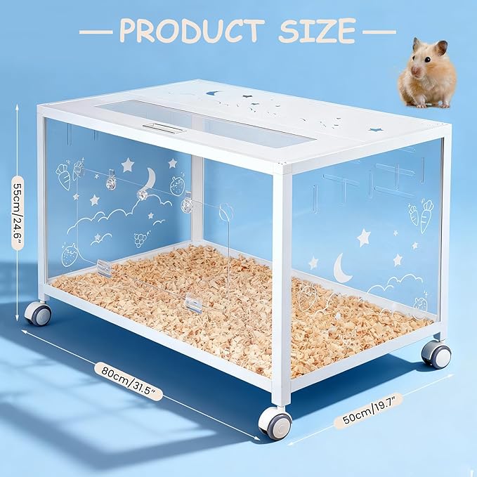 Large Hamster Cage Guinea Pig Cage Habitat, Metal Frame with Acrylic Transparent Viewing, Small Pet House Habitat for Small Animal Dwarf Syrian Hamster Hedgehog Gerbil