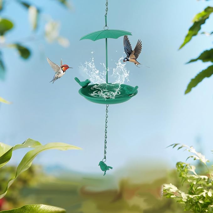 Hanging Bird Feeder, Metal Large Capacity Hanging Bath Tray Bird Water Feeder with Umbrella Top for Outdoor Garden Patio(Green)