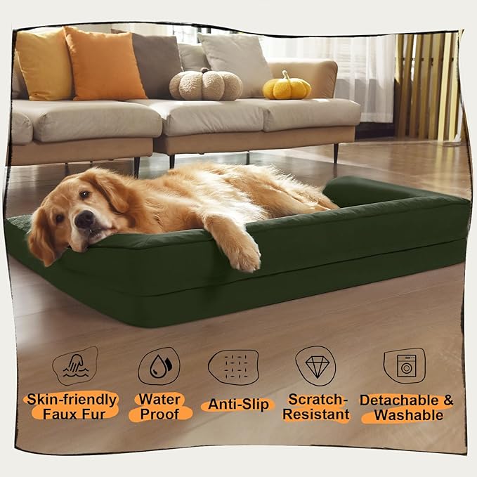 Large Dog Bed Orthopedic Washable - Removable Waterproof Cover Bed Pet - Large Big Dogs - Memory Foam - Couch Sofa with Removable Bolster - Outpost Olive Dog Bed