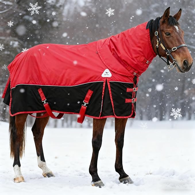 1680D All-Weather Horse Turnout Blanket with Detachable Neck Cover - 280g Medium Weight Winter Horse Blanket, Water-Resistant & Breathable for Cold Weather (81in/155cm)