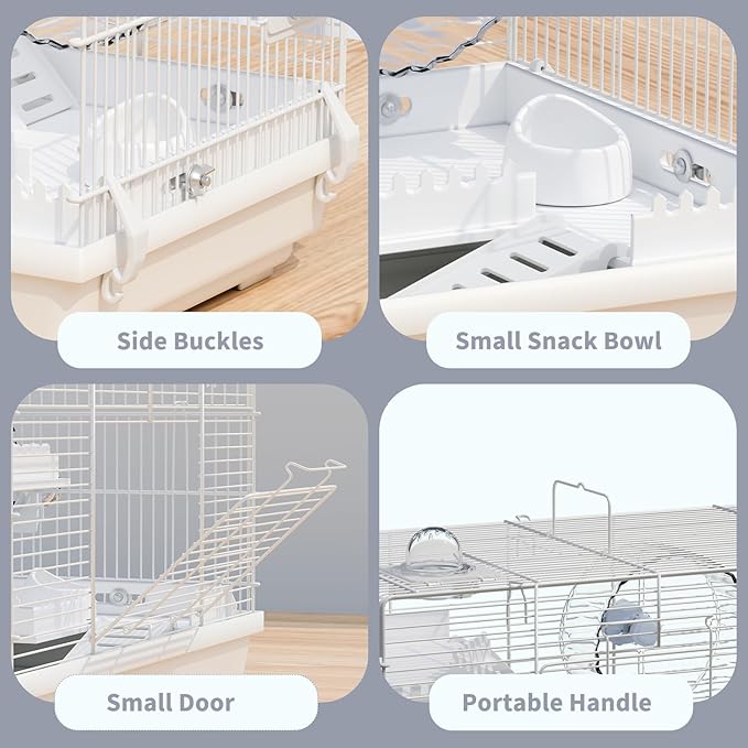 Small Hamster Cage Starter Kit 19”Lx12”Wx12”H for Dwarf Hamster & Robo Hamster with Multilevel Platforms, 2 Tube Ports, Exercise Wheel, Ladders, Water Bottle, Food Bowl, White